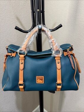 Dooney & Bourke Teal Leather Satchel with Tan Trim and Gold Hardware